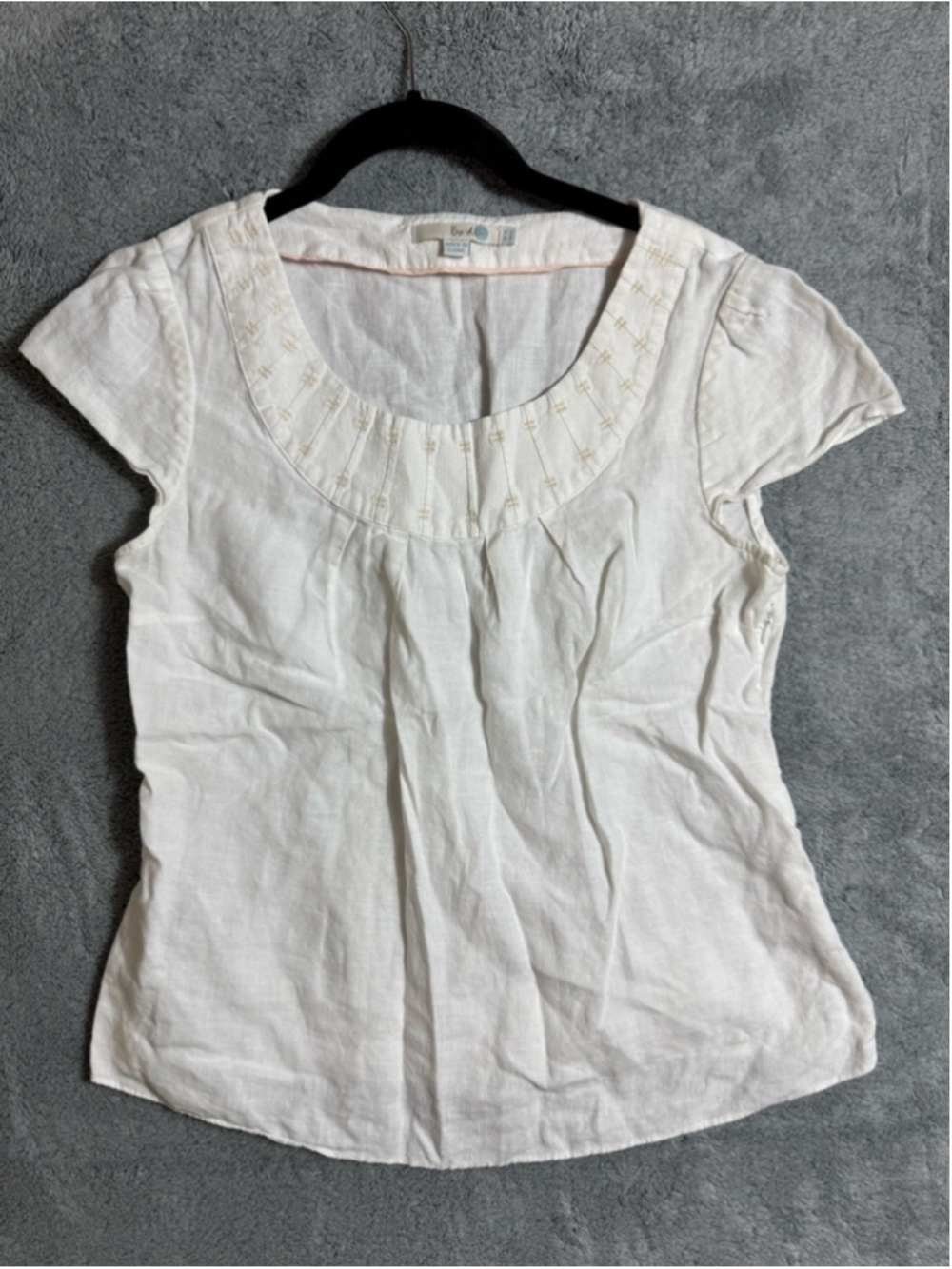 Boden 100% Linen Blouse Womens White Embroidered Scoop Neck Short Sleeve size 6